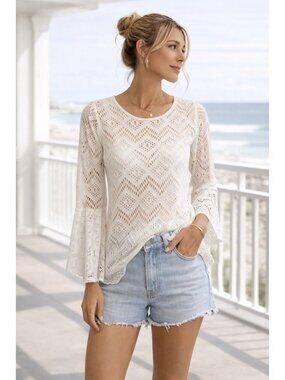 Cacia White Lace Cutout Top Size Small Bell Sleeve Sheer Coquette Beach Summer